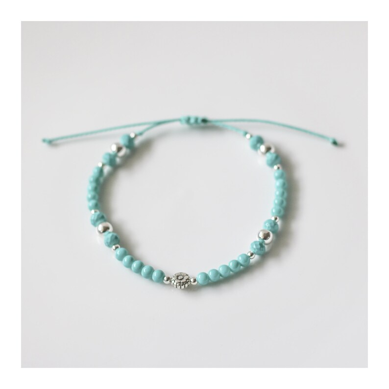 Mother/'s Day Turquoise Blue Beaded Wax String Bracelet or Anklet with Flower Charm