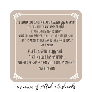 May include: A beige-colored flashcard with a decorative border and text. The card features quotes about the 99 names of Allah from Sahih Muslim. The bottom of the card reads "99 names of Allah Flashcards".
