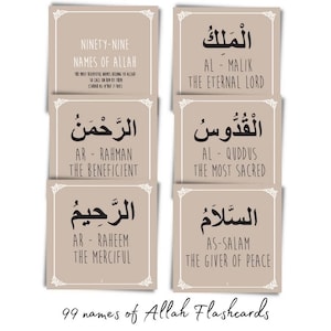 May include: Set of six beige flashcards with white borders, featuring Arabic calligraphy and English translations of the 99 names of Allah. The top card reads "Ninety-Nine Names of Allah". The bottom reads "99 names of Allah Flashcards".