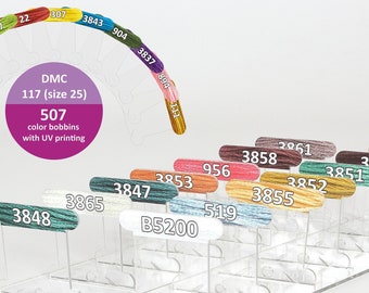 Volledige set DMC kunststof spoeltjes 1,5 mm. Alle series DMC bedrukte spoeltjes. Spoeltjes voor het opbergen van borduurgaren