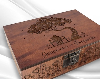 Wedding Memory Box - Custom Engraved Wood Storage Box for Photos Cards Keepsakes, Wedding Anniversary Gift, Couple Gifts