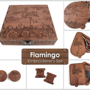 Flamingo. Royal embroidery set. Needle magnets. Scissor case. Needle case. 100 floss bobbins