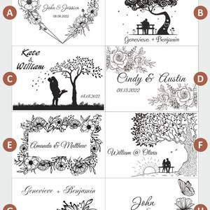 May include: A graphic design template for a wooden box lid. The design options include a heart with flowers, a tree with a couple, a floral frame, a tree with a couple sitting on a bench, a feather with flowers, and a flower with butterflies. The text on the designs includes names and dates.