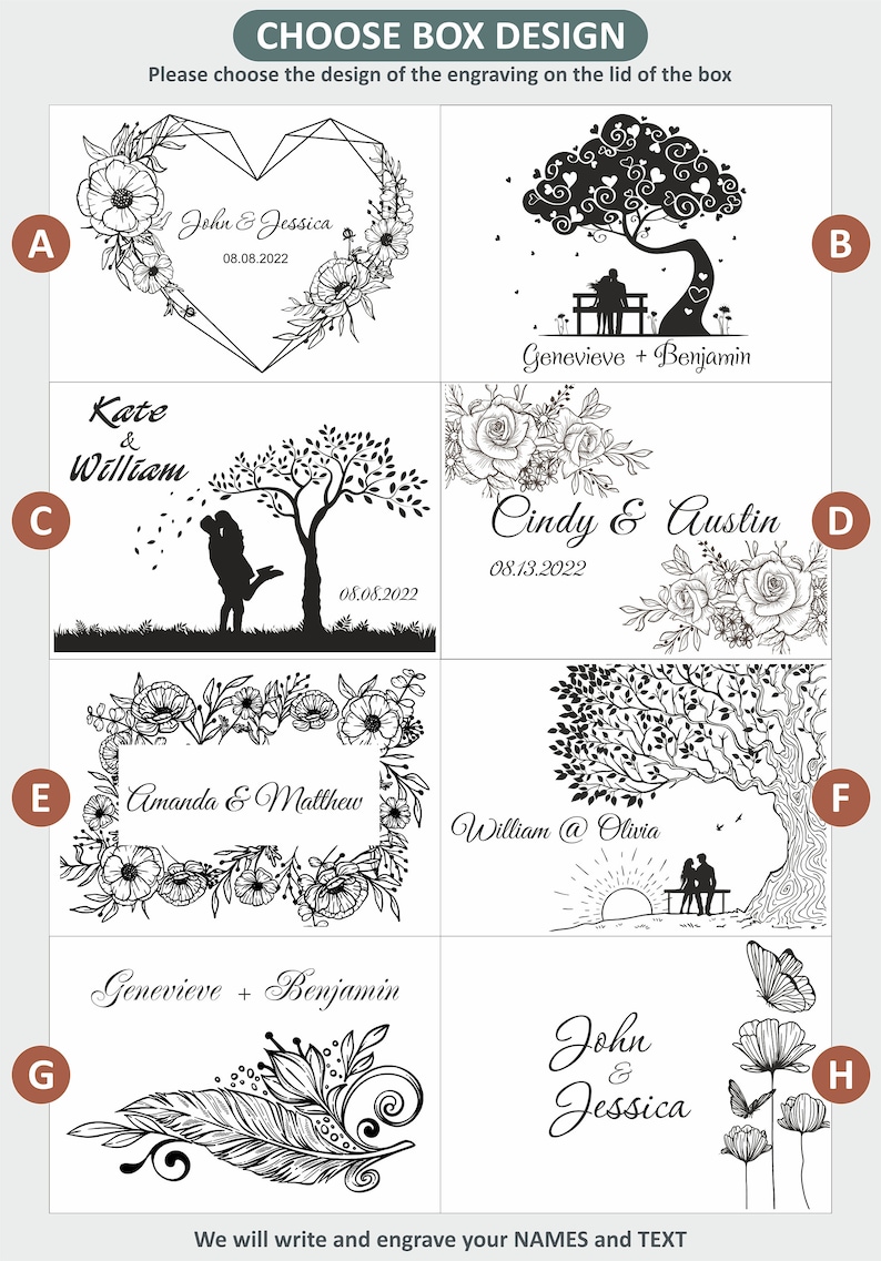 May include: A graphic design template for a wooden box lid. The design options include a heart with flowers, a tree with a couple, a floral frame, a tree with a couple sitting on a bench, a feather with flowers, and a flower with butterflies. The text on the designs includes names and dates.