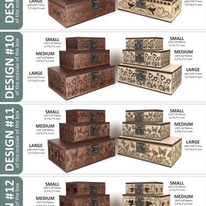 May include: Four wooden boxes with different designs and sizes. The boxes are stacked on top of each other. The smallest box is 12 cm by 17 cm, the medium box is 15 cm by 21 cm, and the largest box is 19 cm by 27 cm.