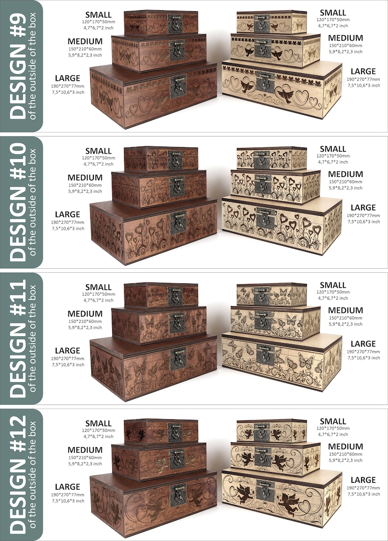 May include: Four wooden boxes with different designs and sizes. The boxes are stacked on top of each other. The smallest box is 12 cm by 17 cm, the medium box is 15 cm by 21 cm, and the largest box is 19 cm by 27 cm.