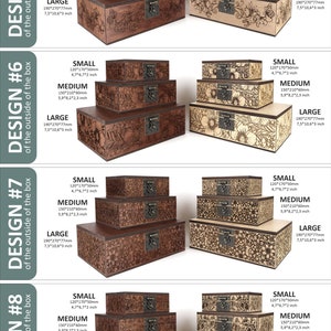 May include: Four wooden boxes with intricate floral designs and metal clasps. The boxes are stacked in size order, with the smallest box on top and the largest box on the bottom. The boxes are labelled "Small", "Medium", and "Large" with their dimensions in inches and millimetres. The boxes are labelled "Design #5", "Design #6", "Design #7", and "Design #8".