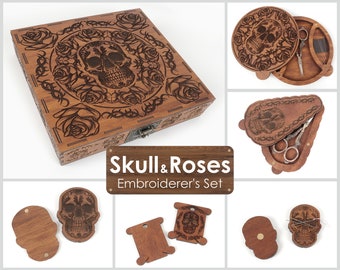 Embroiderer's Set Skull & Roses. Floss bobbins. Needle magnets. Needle case. Scissor case.