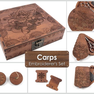 Carps. Royal embroidery set. Needle magnets. Scissor case. Needle case. 100 floss bobbins