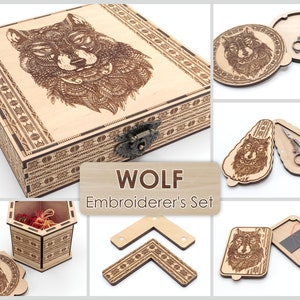 Wolf Box. Royal embroidery set. Needle magnets. Scissor & Needle case. Floss bobbins