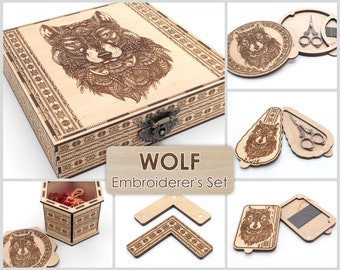 Wolf Box. Royal embroidery set. Needle magnets. Scissor & Needle case. Floss bobbins