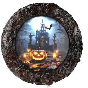 Könnte beinhalten: Ein runder Holzrahmen mit einem geschnitzten Design aus Fledermäusen, Schädeln und anderen Halloween-Motiven. Der Rahmen umgibt ein Bild eines gruseligen, gotischen Schlosses mit einem Kürbis im Vordergrund.
