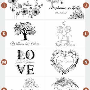 May include: Ten different designs for engraving on a wooden box lid. The designs include floral patterns, a tree, a heart, and the word "LOVE" with floral accents. The designs also include names and dates.