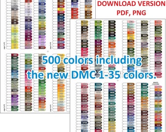 Puede incluir: Un gráfico que muestra 500 colores de hilo de bordar DMC, incluyendo los nuevos colores DMC 1-35. El gráfico está dividido en secciones, cada una con un rango de colores diferente. Los colores se muestran en filas y columnas, con el número de color listado junto a cada color. El gráfico también incluye una sección para colores mezclados.