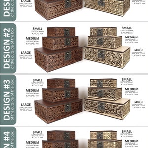 May include: Four different designs of wooden boxes with intricate carvings. The boxes are stacked in three sizes: small, medium, and large. The boxes are made of light and dark wood and have a natural finish. The boxes are labelled with their dimensions in inches and millimetres.