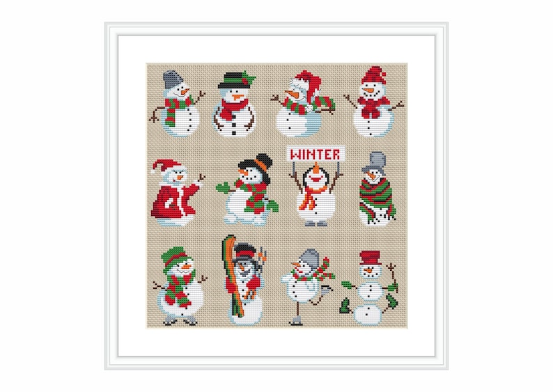 May include: A framed cross-stitch featuring twelve snowmen in various poses. Each snowman has a unique hat, scarf, and accessories. One snowman holds a sign that reads "WINTER". The snowmen are set against a beige background.