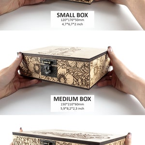 May include: Three wooden boxes with floral designs and metal clasps. The boxes are labelled "Small Box", "Medium Box", and "Large Box" with measurements in inches and millimetres.