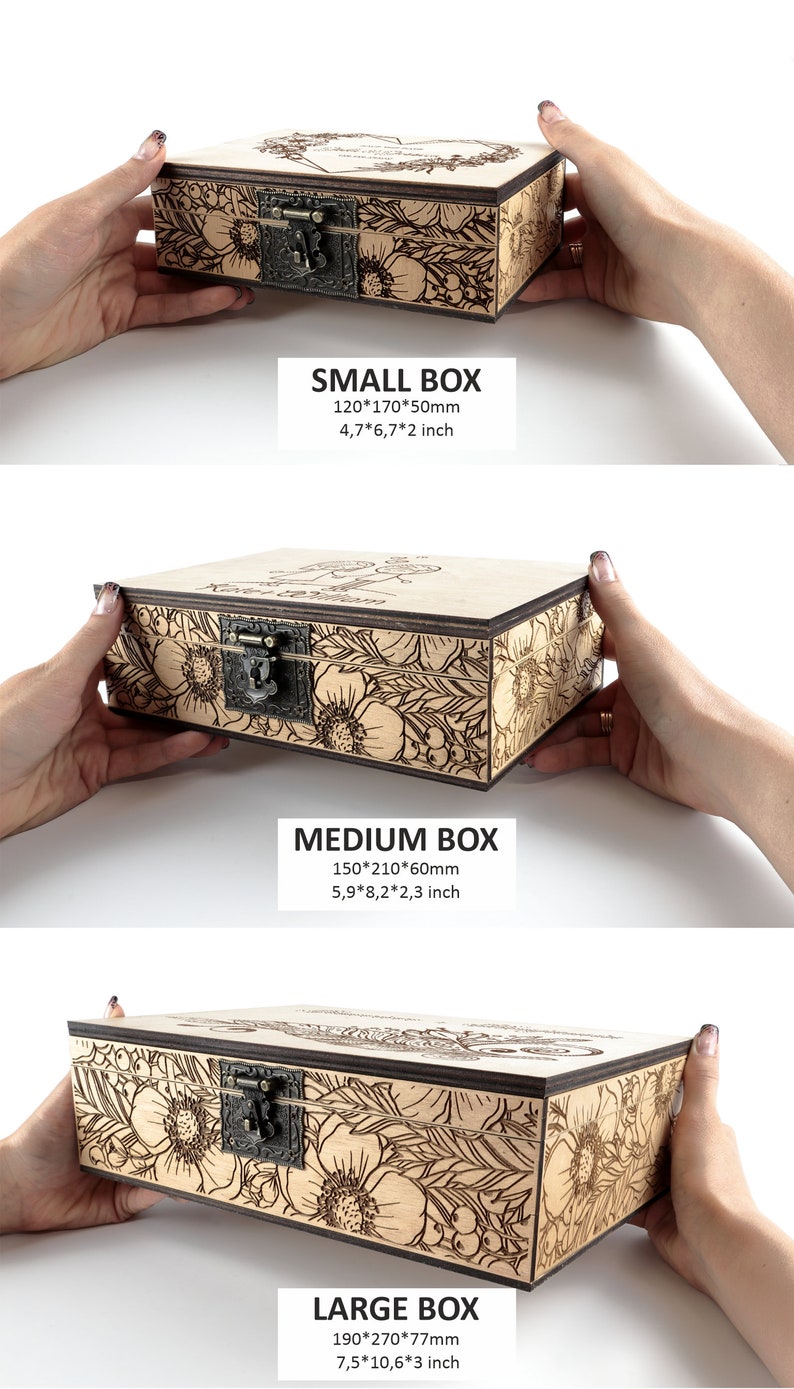 May include: Three wooden boxes with floral designs and metal clasps. The boxes are labelled "Small Box", "Medium Box", and "Large Box" with measurements in inches and millimetres.