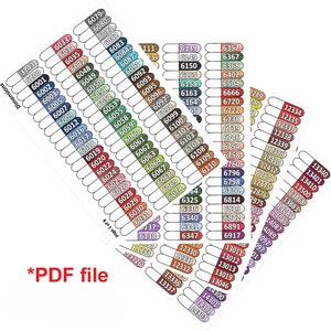 May include: A close-up of a colour chart with numbered swatches of different colours. The chart is divided into sections with numbers ranging from 3743 to 14303. The chart is labelled "Dimensions" and "page 1 of 8".