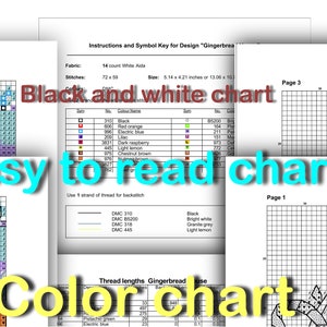 May include: Cross-stitch pattern charts for a gingerbread house design. The image includes black and white and color charts, with instructions and a symbol key. The text says "Easy to read chart".