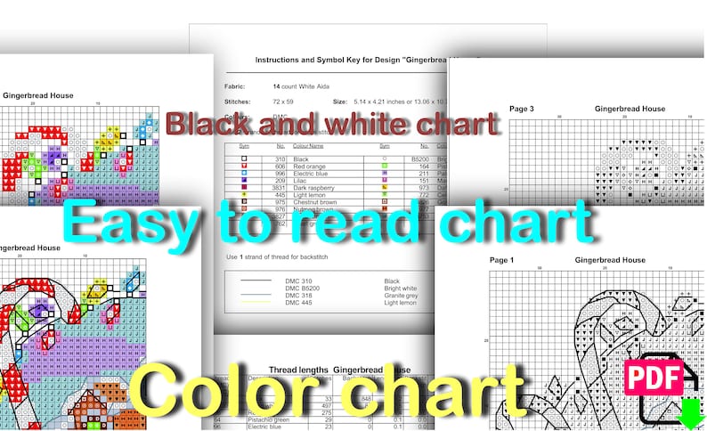 May include: Cross-stitch pattern charts for a gingerbread house design. The image includes black and white and color charts, with instructions and a symbol key. The text says "Easy to read chart".