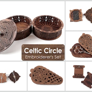 2 Carved boxes Celtic Ornament. A set for the embroiderer. 28 bobbins for thread. Needle magnets. Scissor case. Needle Holder. image 1