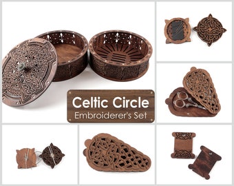 2 Carved boxes Celtic Ornament. A set for the embroiderer. 28 bobbins for thread. Needle magnets. + Scissor case. +Needle Holder.