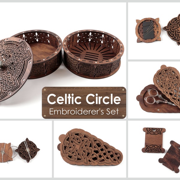 2 Carved boxes Celtic Ornament. A set for the embroiderer. 28 bobbins for thread. Needle magnets. + Scissor case. +Needle Holder.