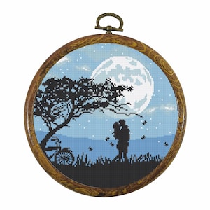 In Love, The Lovers, Love moon landscape Schema punto croce Download digitale istantaneo, modello PDF