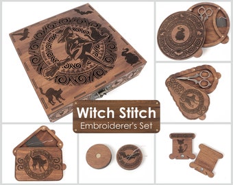 Witch Stitch. Royal embroidery set. Needle magnets. Scissor case. Needle case. 100 floss bobbins