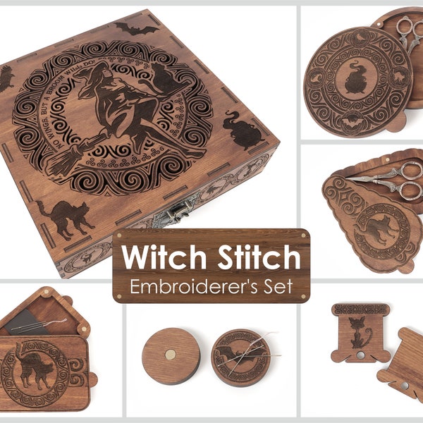 Witchy Wooden Embroidery Organizer Box, Floss Bobbins, Needle Minder and Cases