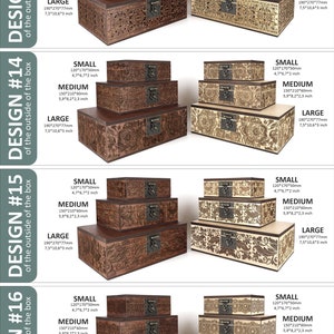 May include: Four wooden boxes with intricate floral designs and metal clasps. The boxes are stacked in three sizes: small, medium, and large. The boxes are made of wood and have a natural finish. The boxes are labelled with their dimensions in inches and millimetres.