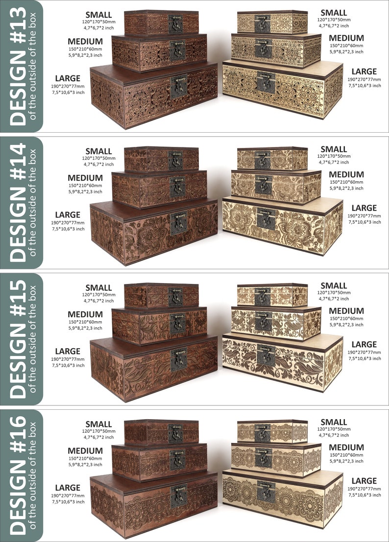 May include: Four wooden boxes with intricate floral designs and metal clasps. The boxes are stacked in three sizes: small, medium, and large. The boxes are made of wood and have a natural finish. The boxes are labelled with their dimensions in inches and millimetres.