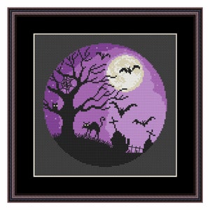 Halloween landscape cat Cross Stitch Pattern PDF