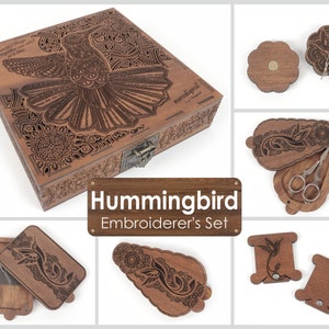 Hummingbird. Royal embroidery set. Needle magnets. Scissor case. Needle case.