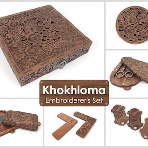 Khokhloma. Royal embroidery set. Needle magnets. Scissor case. Needle case.