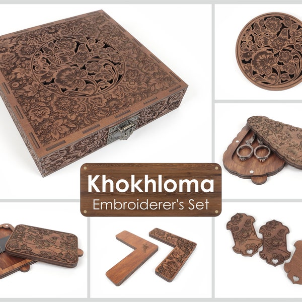 Khokhloma. Royal embroidery set. Needle magnets. Scissor case. Needle case.