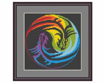 Dragons yin yang black and white, rainbow, Cross Stitch Pattern Instant Digital Download, PDF Pattern
