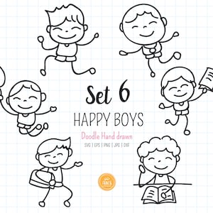 Ragazzi felici disegnati a mano Set 6 SVG, dxf, clipart doodle per ragazzi, timbro digitale per bambini, figura stilizzata sublimazione del contorno, file di taglio. png, eps, jpg