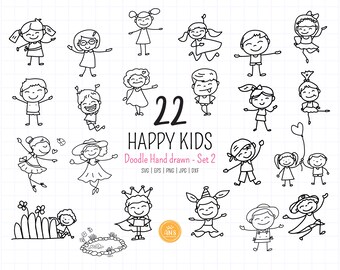 22 Smiling boys and girls, different postures kid SVG, Hand drawn stick happy kids SVG clipart, digital files, instant download, SVG clipart