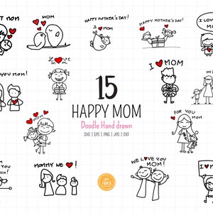 Doodle happy mom SVG, dxf, mother&#39;s day gift clipart, love mum cut file. Hand drawn stick people, happy kids doodle drawings png