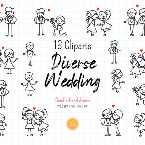May include: A set of 16 black and white line drawings of diverse couples getting married. The illustrations are in a doodle style and include couples of different races, genders, and body types. The text "16 Cliparts Diverse Wedding Doodle Hand drawn SVG | EPS | PNG | JPG | DXF" is at the bottom of the image.
