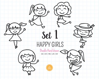 Hand drawn Happy Girls SVG, dxf, Girls doodle clipart, Happy Kids Digital Stamp, Stick figure Outline Sublimation, cut file. png, eps, jpg