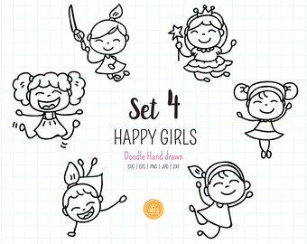 Handgezeichnete Happy Girls SVG, dxf, Girls Doodle Clipart, Happy Kids Digital Stamp, Stick Figur Outline Sublimation, Cut File. png, eps, jpg