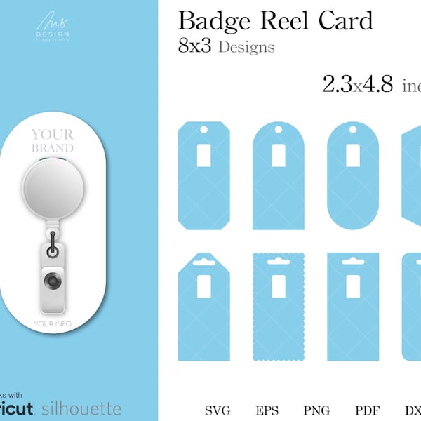 Badge Reel Display Card Template SVG,  8x3 designs Badge Reel display card, 2.3x4.8 inches, DXF cricut cut files, png, eps, pdf