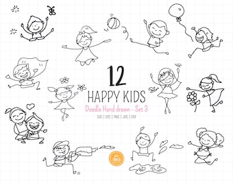 12 smiling boys and girls SVG, Happy summer kids SVG. Hand drawn stick kids svg, Doodle kid playing in spring svg.