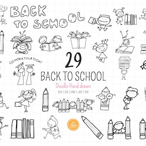 Doodle back to school kid SVG, dxf, preschool gift clipart, student cut file. Hand drawn stick people, happy kids doodle drawings png
