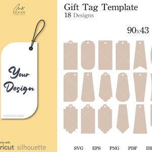 ギフトタグテンプレート SVG、90 x 43 mm の 18 のデザイン。ギフトラベルハングタグテンプレート png、dxf、eps。印刷可能 PDF A4 をダウンロードして手で切り取ってください。