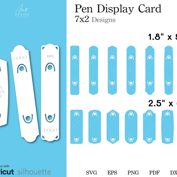 Epoxy Glitter Pen Display Card Template SVG, 14 designs SVG, 1.8″x9.8″, 2.5″x6.8″ Pen packaging DXF cut files for cricut, png, eps, pdf