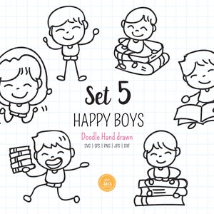 Hand drawn Happy Boys  Set 5 SVG, dxf, Boys doodle clipart, Kids Digital Stamp, Stick figure Outline Sublimation, cut file. png, eps, jpg